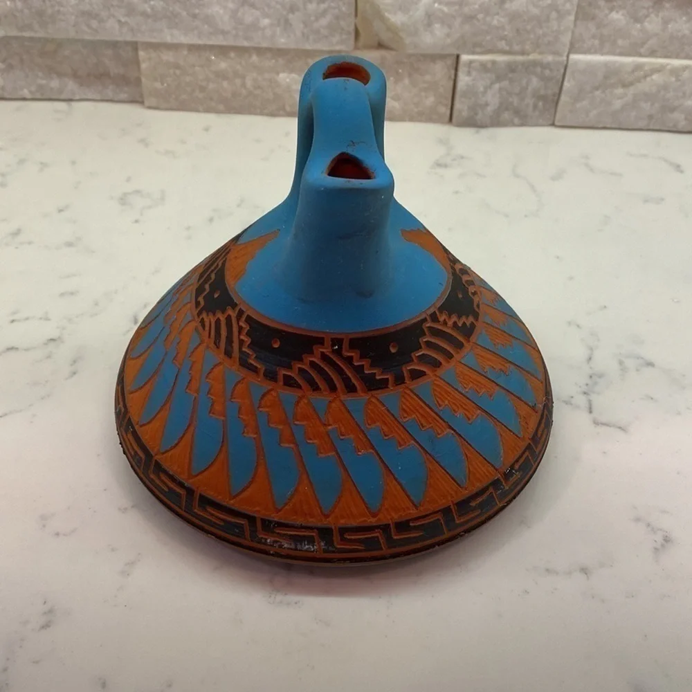 Pottery Hand Etched Wedding Vase.Red clay and powder blue and black color
